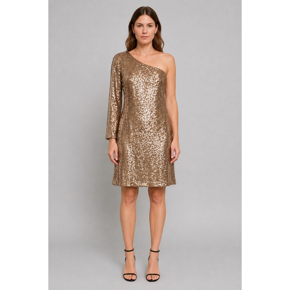 Nightway One Shoulder Sequin Dress Womens 14 Rose Gold Cocktail Party Disco Glam